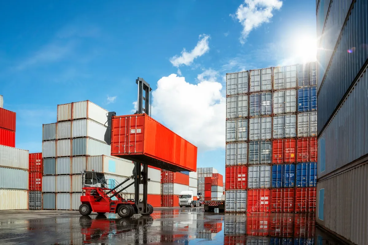Bãi container tại cảng và xe nâng reach-stacker trong quy trình thông quan hàng nhập khẩu chính ngạch — phân luồng xanh vàng đỏ — OZ Việt Nam